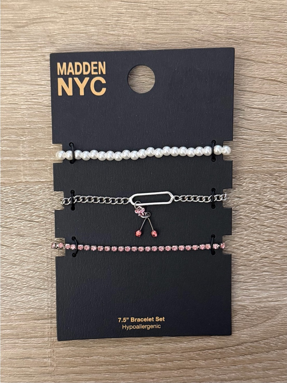 Madden NYC 3 Piece Bracelet Set Faux Pearl Pink Rhinestone NWT